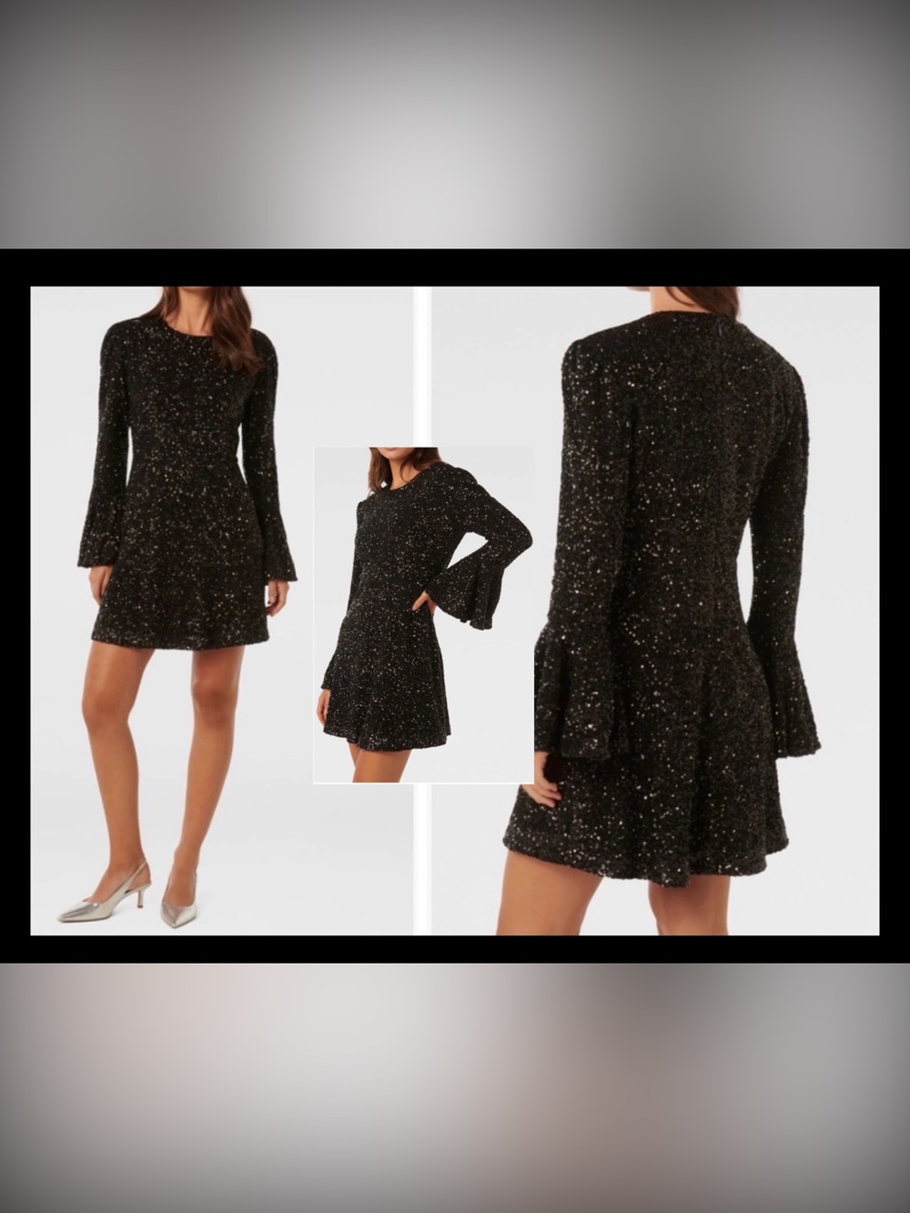 Ever New Melbourne Lizzy Sequin Flared Sleeve Mini Dress Black 6 Small NWT